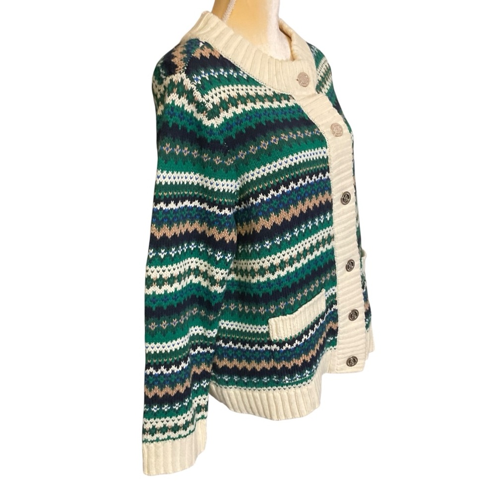 Talbots Fair Isle style green/cream/blue/tan striped Cardigan. 1X. NWT - Picture 2 of 14